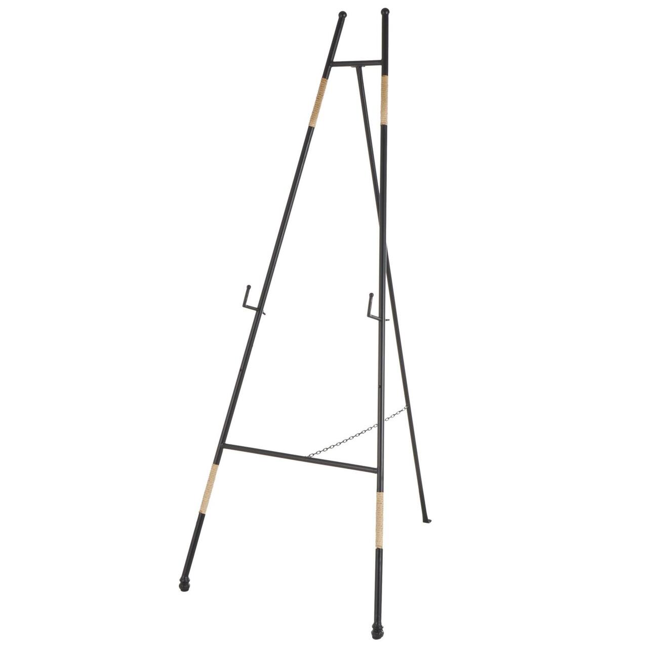 53.5" Black Metal Slim Foldable 2-Tier Easel with Wrapped Rattan Accents